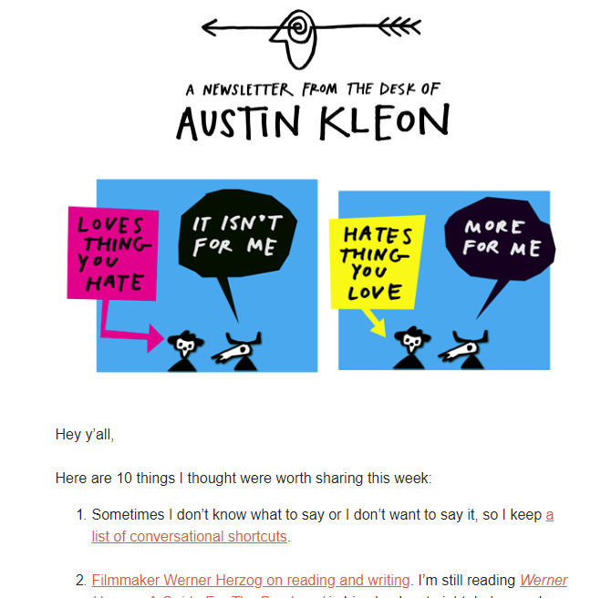 An example of an email from Austin Kleon.