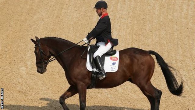 Lee Pearson of Great Britain, riding Zion, at the Rio Paralympic Games
