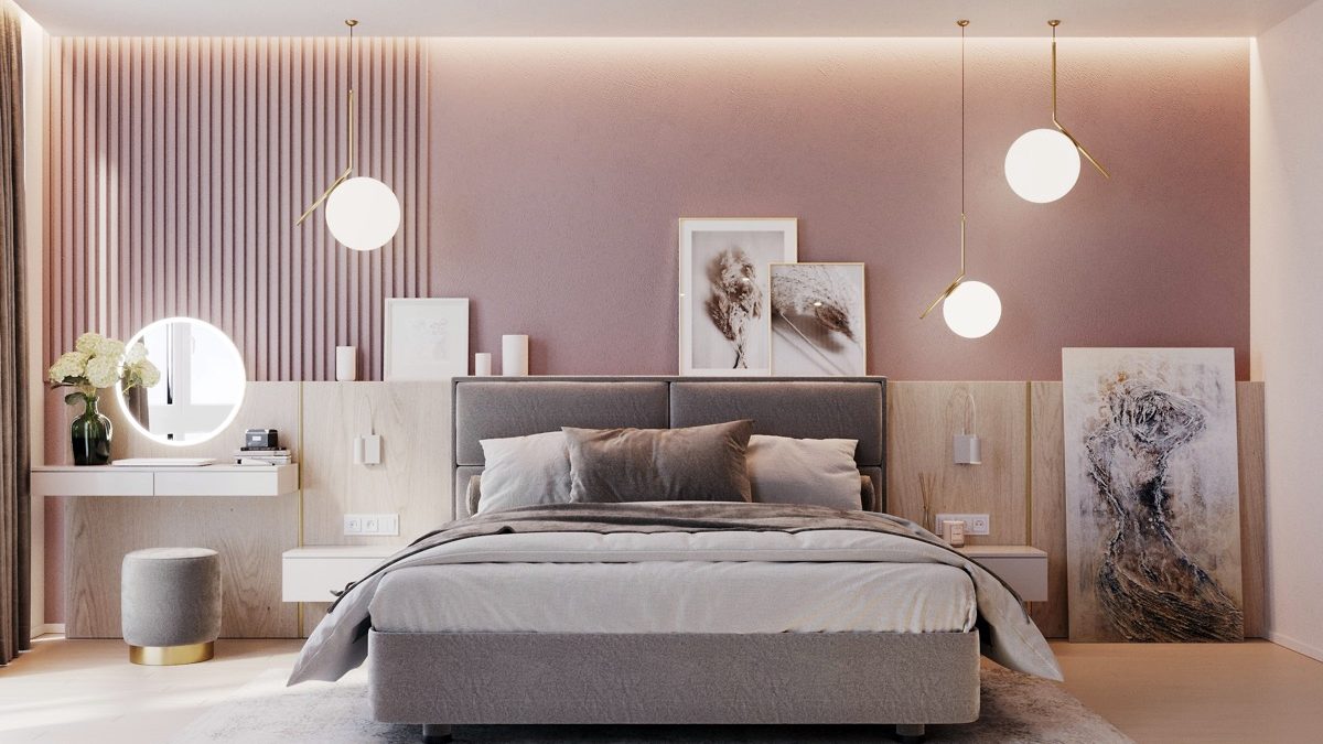 Nội thất phòng ngủ cho nữ sáng tạo với tranh tường trang trí 