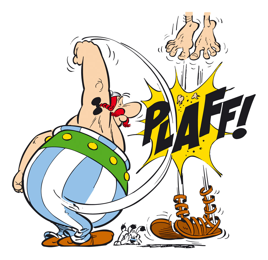 Obelix punching a roman cleanly out of his shoes