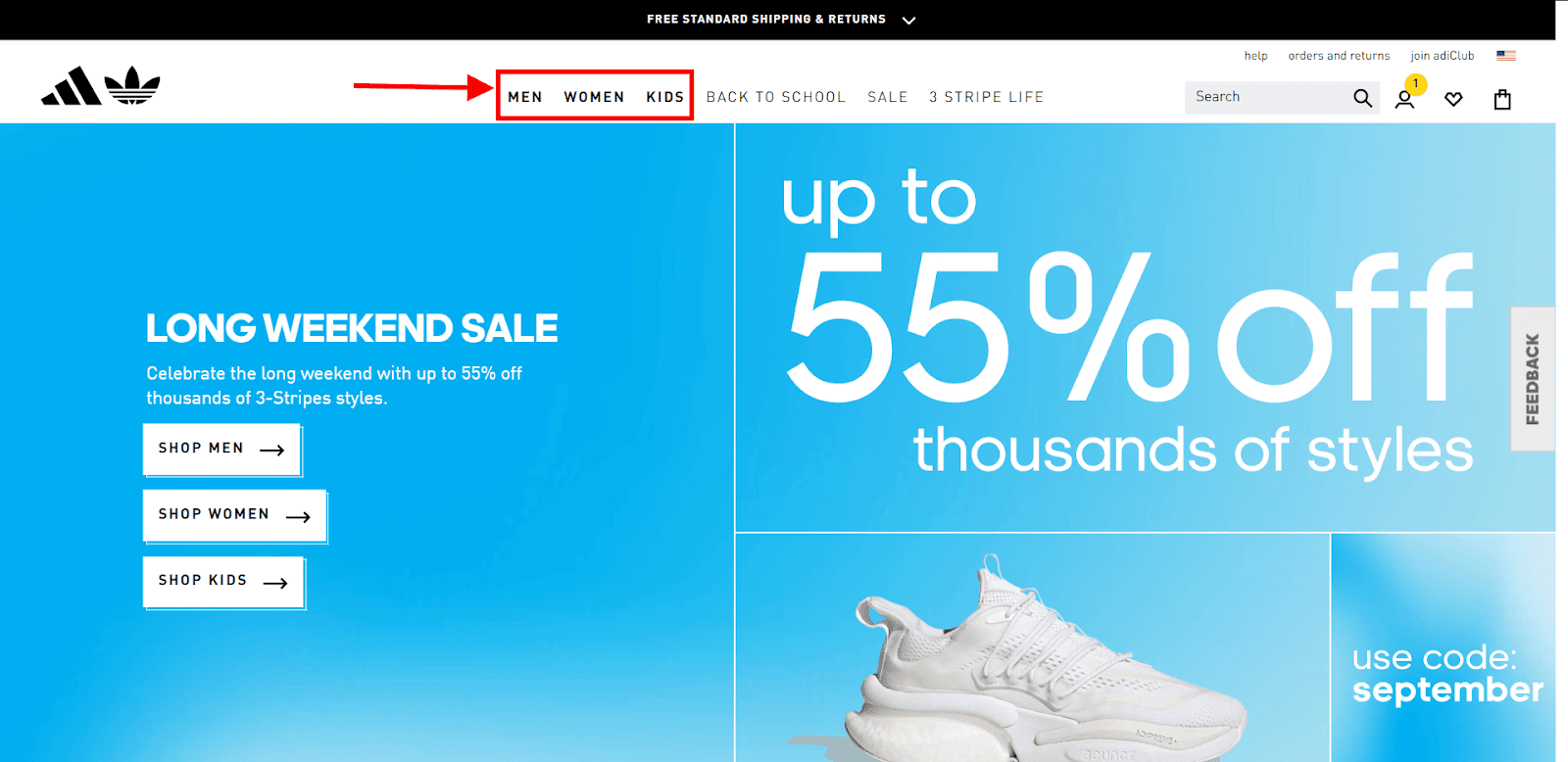 Adidas’ homepage illustrating three main categories in the navigation menu