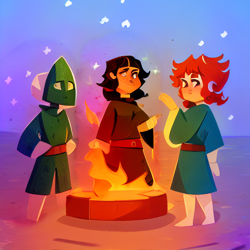 Puck, Ranger, and Mystra stand around a campfire