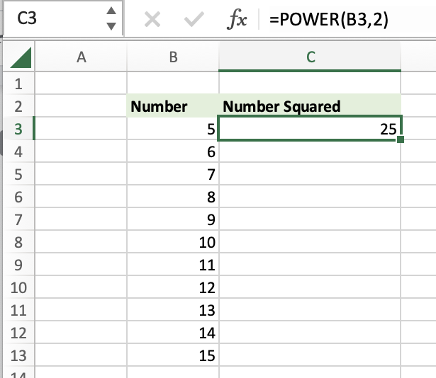 Two-sided chart with numbers in the left column and squared numbers in the right columns that shows how to square numbers in Excel