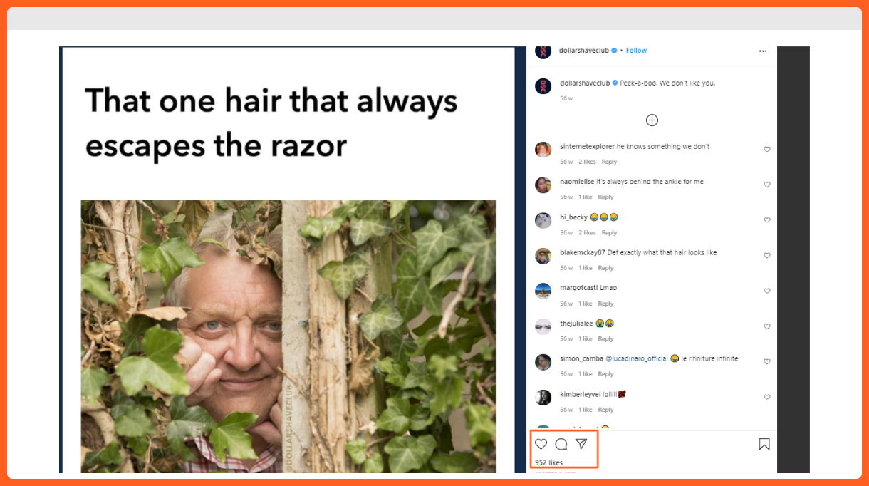 A post by Dollar Shave Club on Instagram with almost one thousand likes and lots of comments.