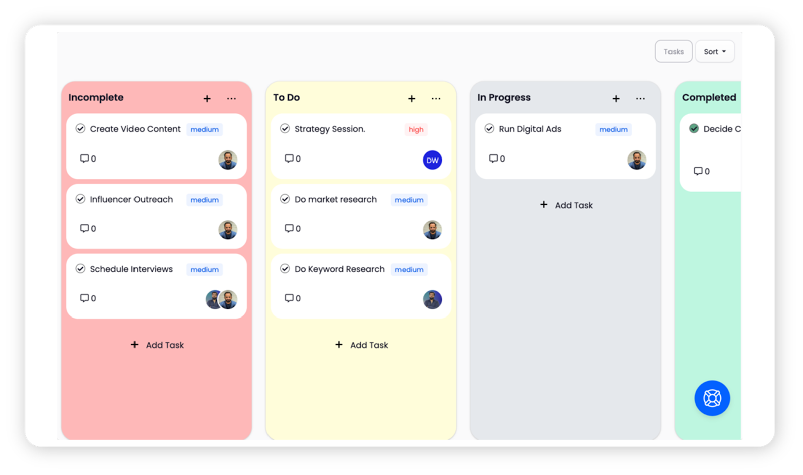 Agiled interface with kanban board for marketing project