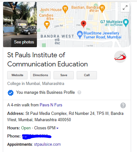 Digital Marketing for Schools Google My Business Listing example
