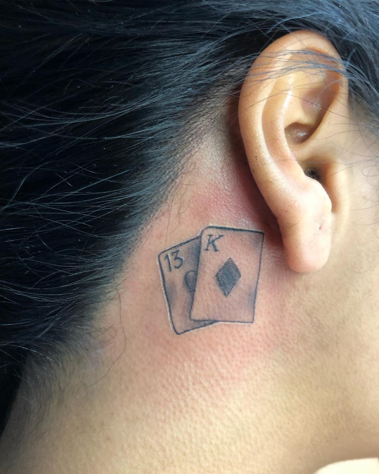 Tiny Cards Behind The Ear Tattoo