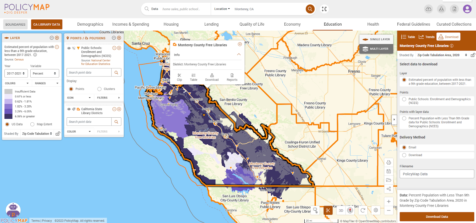 PolicyMap portal map with an outline of Monterey County Free Library service area and educational attainment. (Data available for download in PolicyMap)