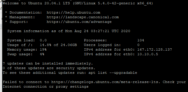 Mensagem de boas-vindas ao servidor Ubuntu