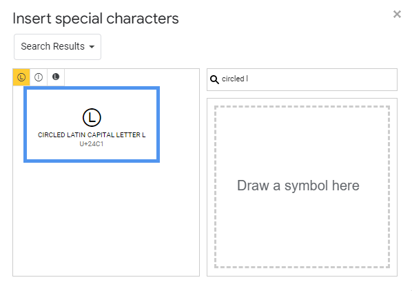 searching for Circled L symbols in special characters in google docs
