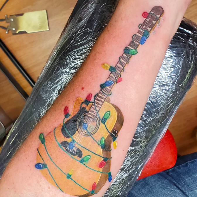 Christmas Lights On Guitar Tattoo