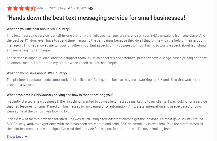 SMS APIs in India | SMSCountry customer review on G2