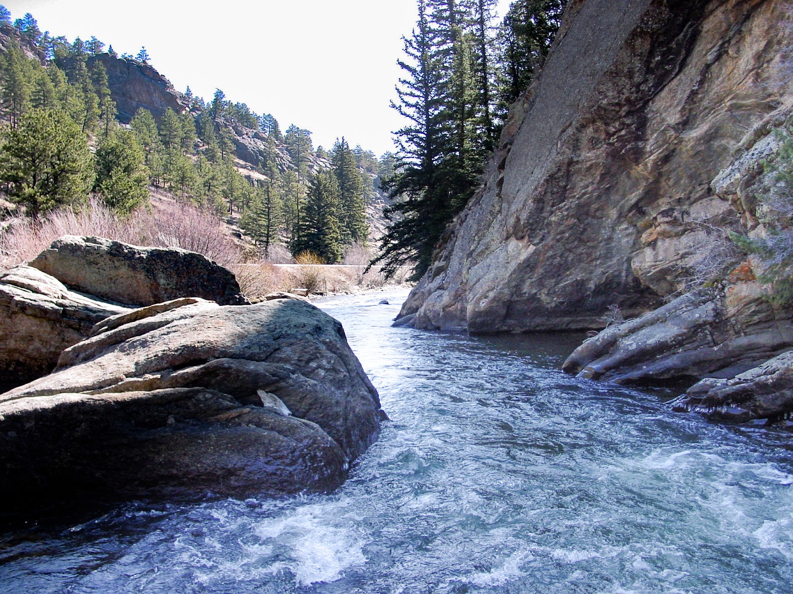 A fast creek runs past a high shady cliff.