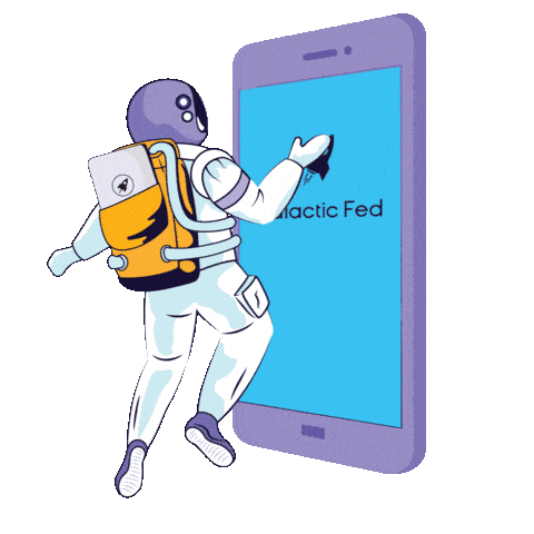 An astronaut swiping through different Galactic Fed designs.