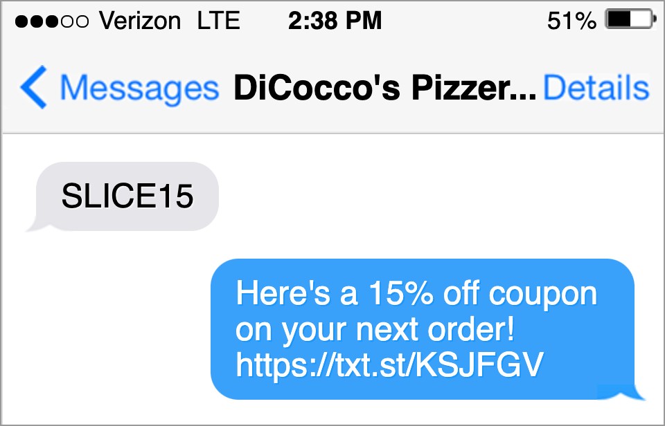 example text message marketing from a pizza shop