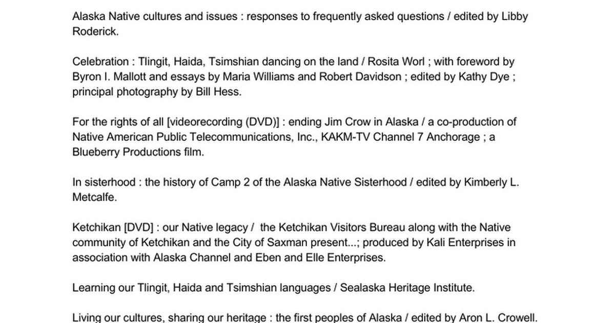 SE Alaska Cultures: a Booklist