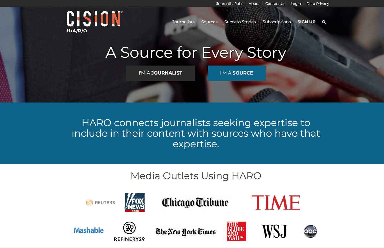 Screenshot of the Help a Reporter Out home page, a great way to earn links to your content.