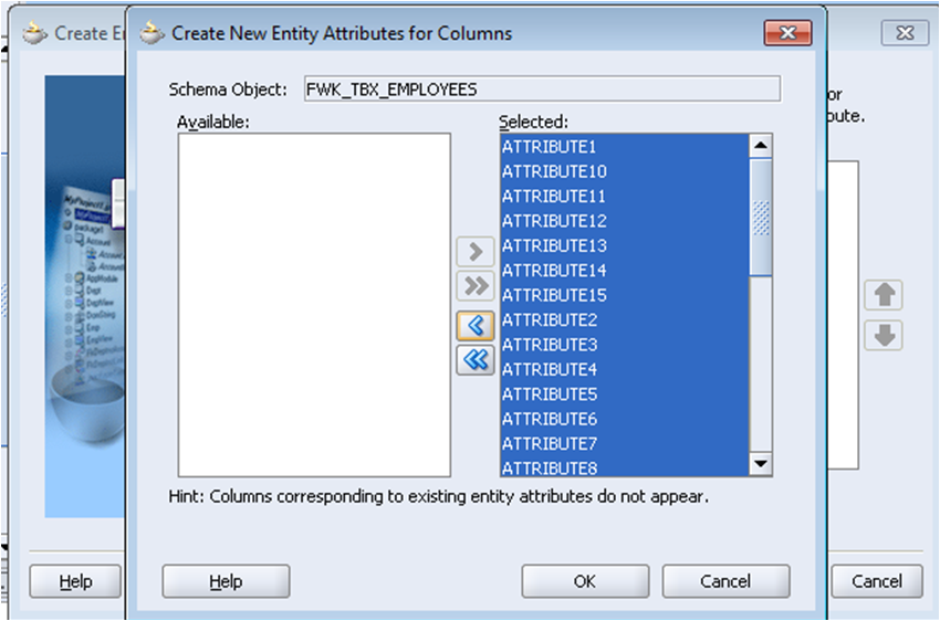 Creating or selecting Entity Attributes Coloumns