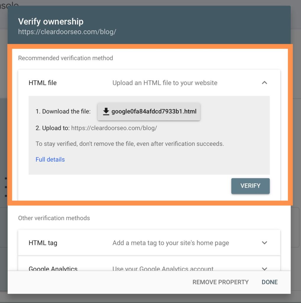 Default and recommended URL prefix Property verification method