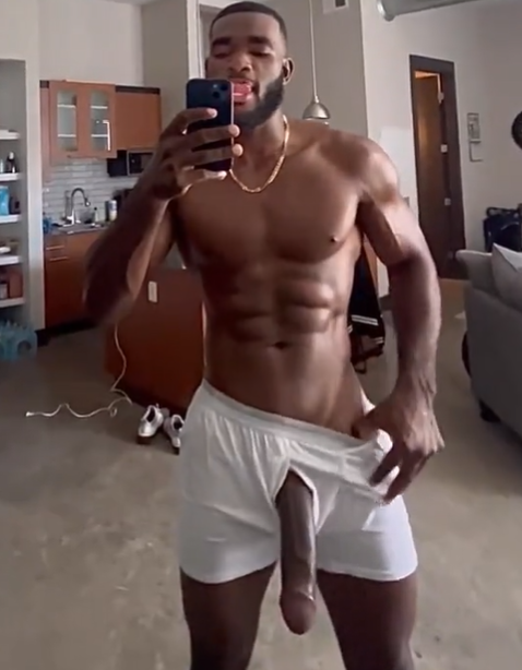 Marshall price licking his lips for an iphone mirror selfie while his massive hard black dick peeks through the front of his white boxers