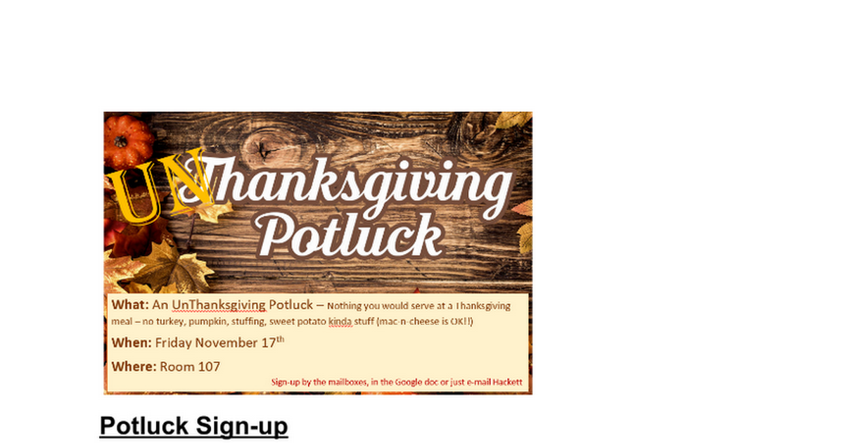 UnThanksgiving Potluck - Fri. Nov. 17th