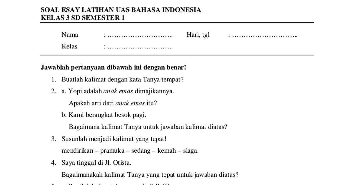 Latihan Soal Bahasa Indonesia Kelas 1 Sd Pennylasopa