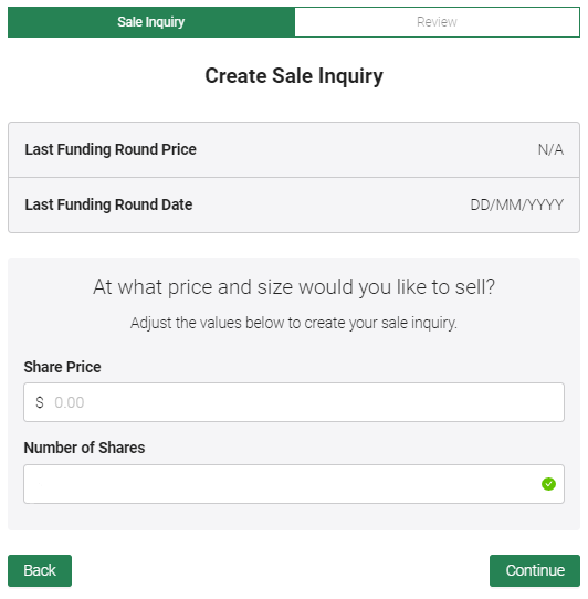 Screenshot of EquityZen Sales inquiry page