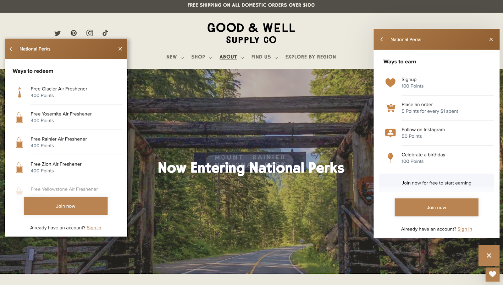 What is a loyalty program–A screenshot of Good and Well Supply Co's website showing their rewards program panel. It shows both how to earn points and the rewards customers can redeem them for. 