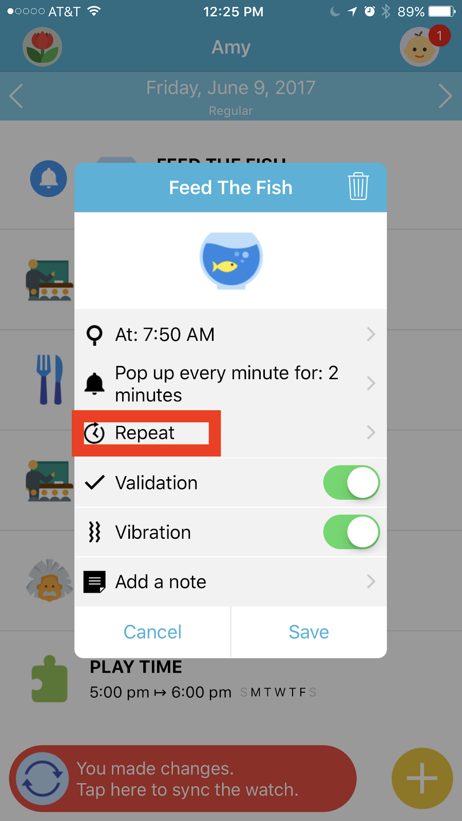 Octopus Watch app: repetition of a reminder