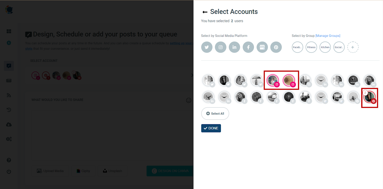 You can select multiple Instagram and Pinterest accounts at once.