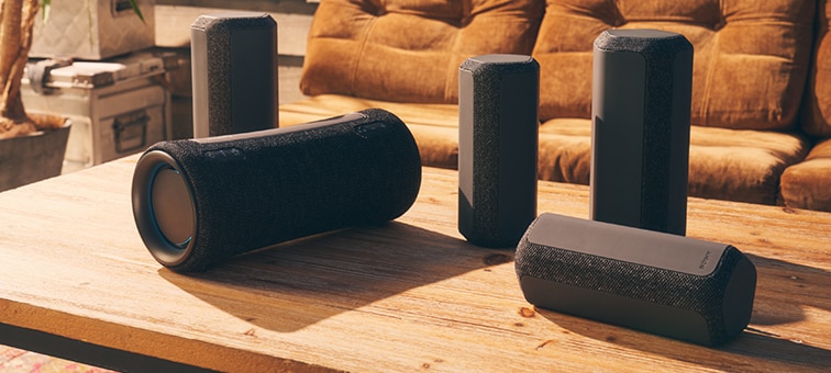Image of multiple Sony speakers, featuring the Party Connect and Stereo Pair features