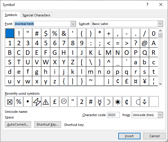Microsoft Word Symbols Window