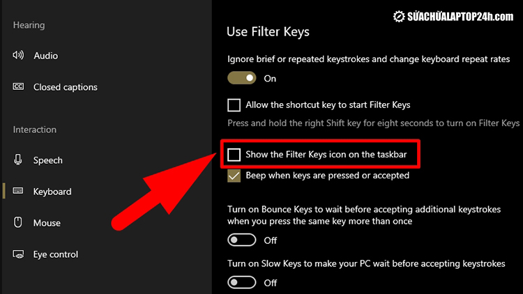 Bỏ chọn tại ô Show the Filter Keys