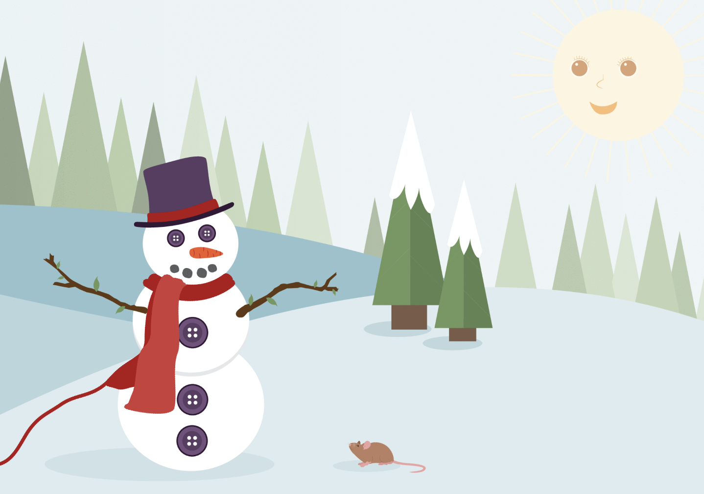 Una persona de nieve habla con Ratoncita. La persona de nieve tiene 2 botones como ojos. Tres botones más sugieren ropa. Una zanahoria sirve de nariz. Y 4 puntos forman la boca. La persona de nieve tiene 2 palitos como brazos. Lleva un sombrero alto y una bufanda de donde sale un hilo largo. Diecisiete triángulos forman árboles en el fondo. Dos triángulos más con nieve arriba están más cerca. ¡El sol está brillando también! Tiene 2 ojos, una nariz y una boca.