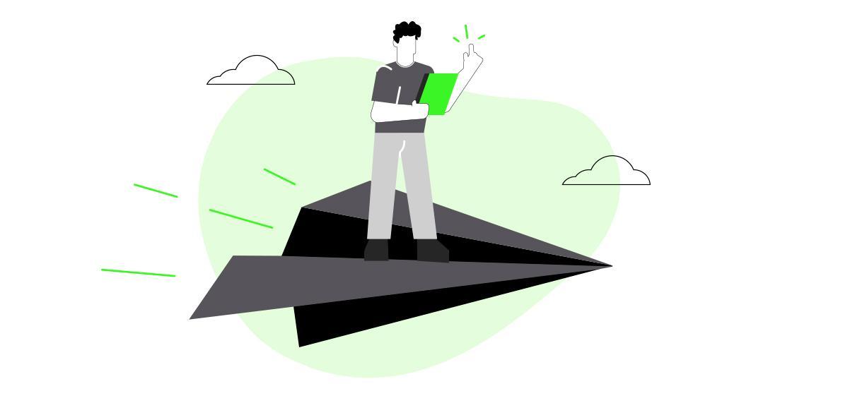 Desenho retirado do site www.globaldea.pt, um homem está voando em um avião de papel enquanto segura um caderno para preparar o seu Plano de Negócio