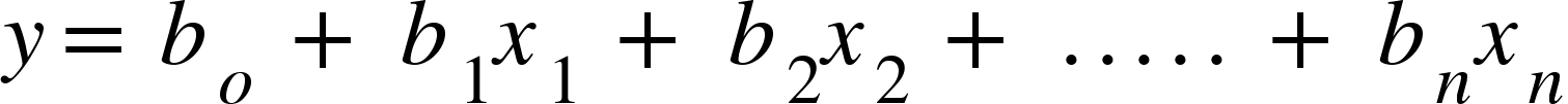 <math xmlns="http://www.w3.org/1998/Math/MathML"><mi>y</mi><mo>=</mo><mo>&#xA0;</mo><msub><mi>b</mi><mi>o</mi></msub><mo>&#xA0;</mo><mo>+</mo><mo>&#x2009;</mo><msub><mi>b</mi><mn>1</mn></msub><msub><mi>x</mi><mn>1</mn></msub><mo>&#xA0;</mo><mo>+</mo><mo>&#xA0;</mo><msub><mi>b</mi><mn>2</mn></msub><msub><mi>x</mi><mn>2</mn></msub><mo>&#xA0;</mo><mo>+</mo><mo>&#x2009;</mo><mo>.</mo><mo>.</mo><mo>.</mo><mo>.</mo><mo>.</mo><mo>&#xA0;</mo><mo>+</mo><mo>&#x2009;</mo><msub><mi>b</mi><mi>n</mi></msub><msub><mi>x</mi><mi>n</mi></msub></math>