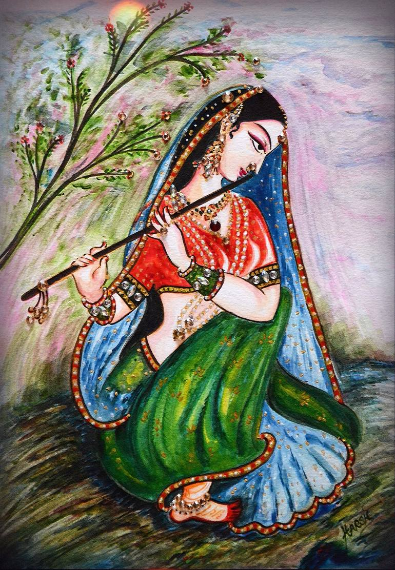 Radha is shown in this illustration wearing a blue, red, and green sari and playing the flute. 