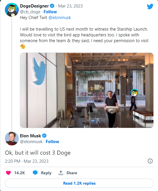 Илон Маск разрешил пользователю посетить штаб-квартиру Twitter, заплатив 3 DOGE