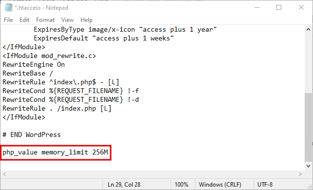 Destaque para a linha de código quanto à definição do limite de memória - adicionado ao final do arquivo wp-config