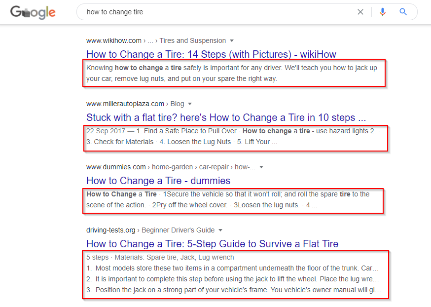 google serps for keyword "how to change tire" - meta description