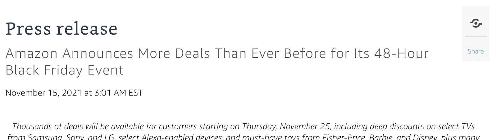 Amazon press release on record-breaking deals