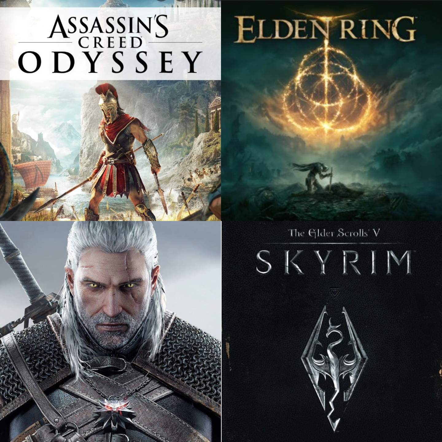 Art with the banners of Assassin's Creed Odyssey, Elden Ring, The Witcher 3, and Skyrim