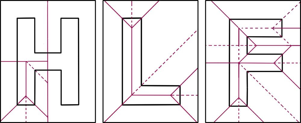 Diagrams showing the pattern of folds needed to cut out the letters H, L and F