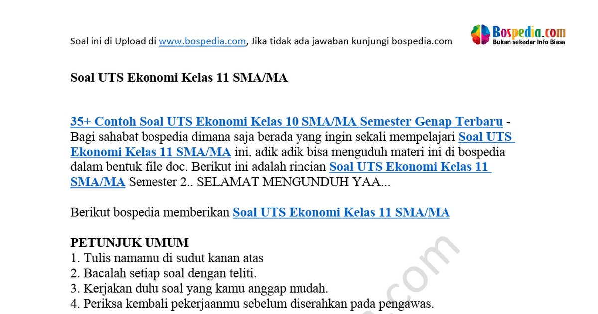 Contoh Soal Ekonomi Kelas 10 Belajar