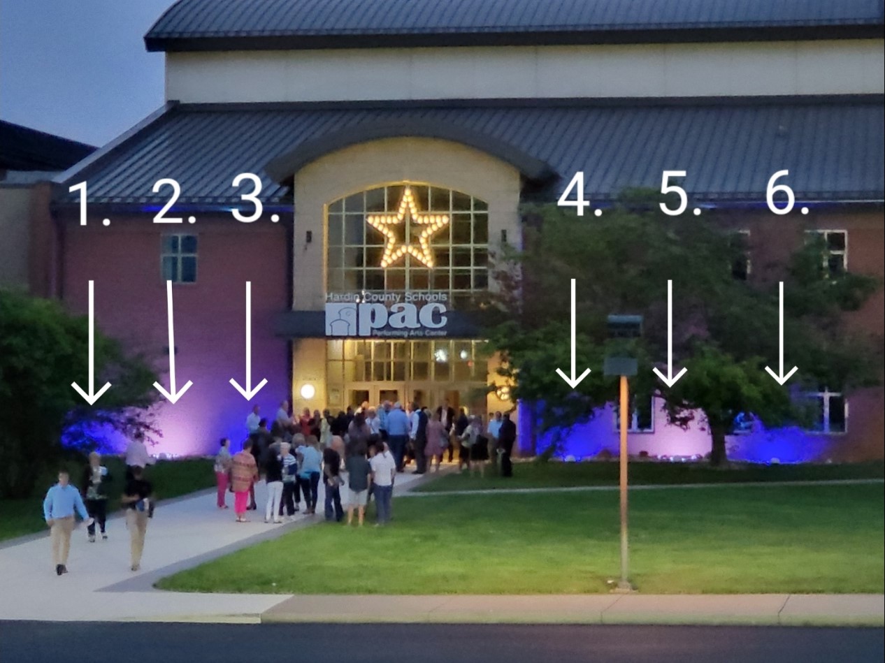 We have a large range of color options for each of our six outdoor LED lights. Please provide your color choices for each of the six lights.

For example, in the image below the colors are blue, white, blue, blue white, blue for a North Hardin High School event.