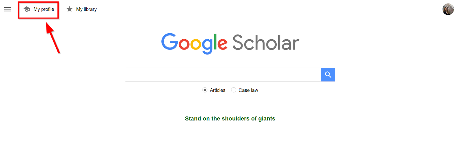 a screenshot of the Google Scholar homepage with an arrow pointing to the "My profile" button in the top left corner