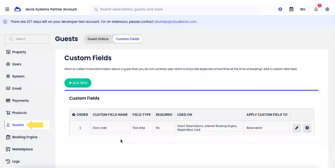 screenshot of cloudbeds custom fields in profile settings
