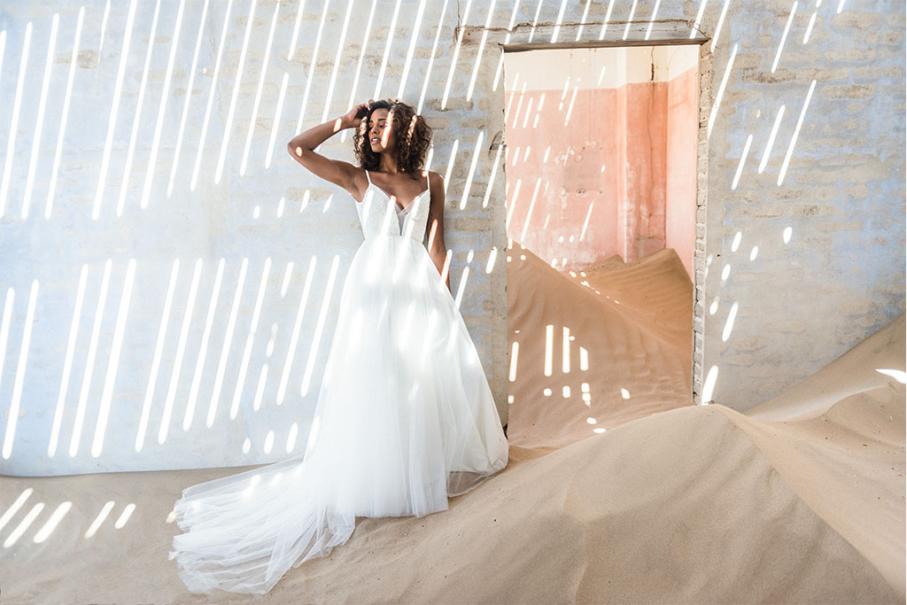 Tulle skirt with beaded bodice and plunging neckline