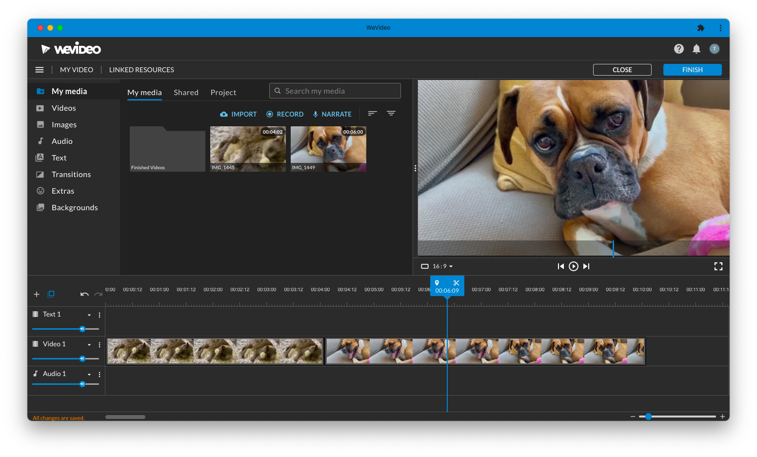 WeVideo online video editor with a video of a cat and a video of a dog in the timeline.