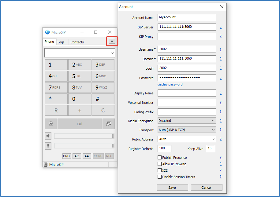 screenshot of MicroSIP softphone settings